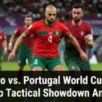 Morocco and Portugal players competing during their FIFA World Cup 2022 quarter-final match, showcasing tactical discipline, defensive organization, and high-intensity international football.