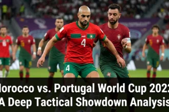 Morocco and Portugal players competing during their FIFA World Cup 2022 quarter-final match, showcasing tactical discipline, defensive organization, and high-intensity international football.