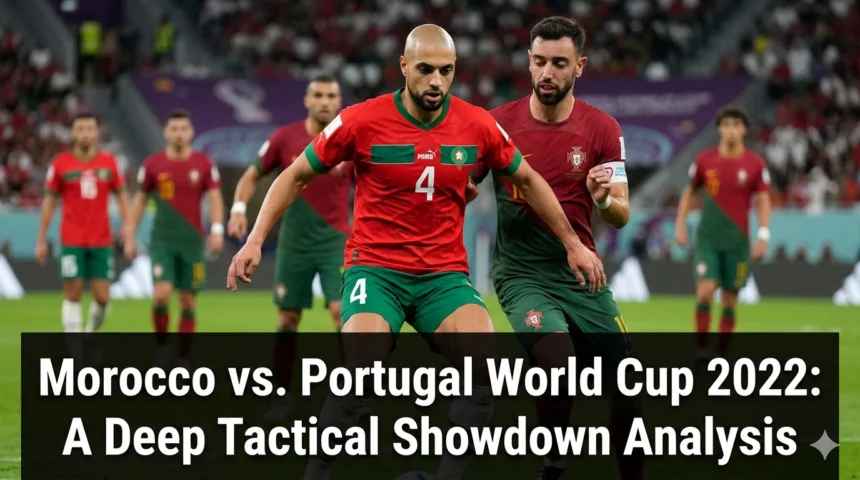 Morocco and Portugal players competing during their FIFA World Cup 2022 quarter-final match, showcasing tactical discipline, defensive organization, and high-intensity international football.