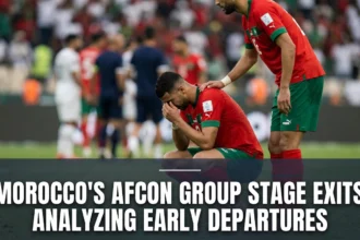 Morocco national team players during an Africa Cup of Nations group stage match, reflecting the challenges, tactical battles, and narrow margins that contributed to early tournament exits.