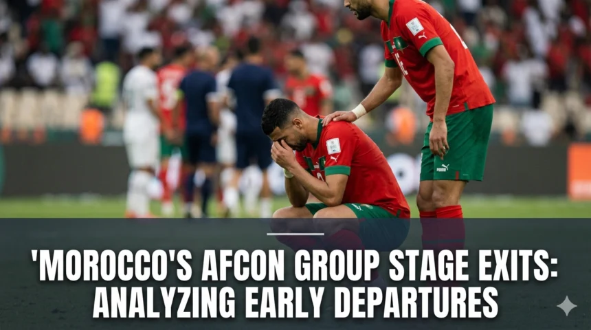 Morocco national team players during an Africa Cup of Nations group stage match, reflecting the challenges, tactical battles, and narrow margins that contributed to early tournament exits.