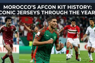 Collection of Morocco national team AFCON jerseys from different eras, showcasing the evolution of the Atlas Lions' iconic red and green football kits through the years.