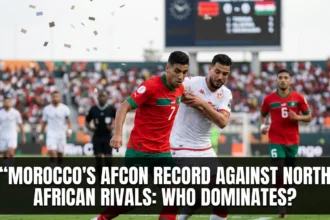 Morocco national team competing against North African rivals in Africa Cup of Nations matches, showcasing intense regional football rivalries and historic continental encounters.