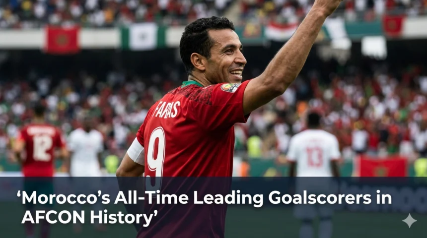 Morocco national team forwards celebrating goals during Africa Cup of Nations tournaments, highlighting the leading scorers who have shaped the Atlas Lions' AFCON history.