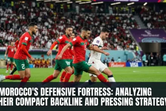 Morocco national team defenders maintaining a compact defensive shape while pressing opponents, showcasing the organization and discipline that define the Atlas Lions' defensive success.
