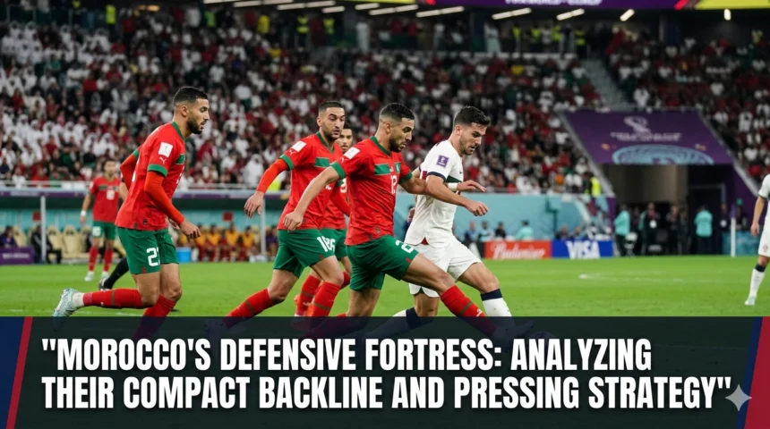 Morocco national team defenders maintaining a compact defensive shape while pressing opponents, showcasing the organization and discipline that define the Atlas Lions' defensive success.