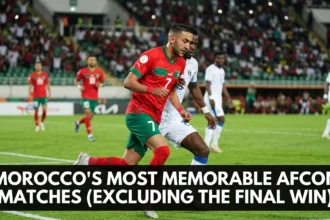 Morocco national team players celebrating during a dramatic Africa Cup of Nations match, representing some of the Atlas Lions' most memorable AFCON moments beyond their championship triumph.