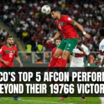 Morocco national team players celebrating landmark victories in Africa Cup of Nations tournaments, representing some of the Atlas Lions' greatest AFCON campaigns outside their 1976 championship triumph.
