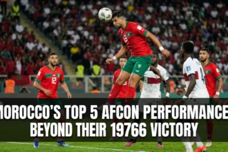 Morocco national team players celebrating landmark victories in Africa Cup of Nations tournaments, representing some of the Atlas Lions' greatest AFCON campaigns outside their 1976 championship triumph.