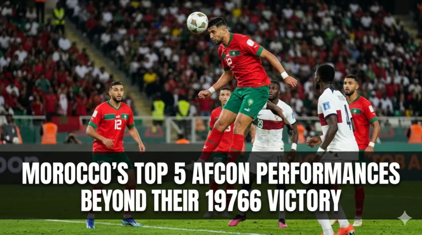 Morocco national team players celebrating landmark victories in Africa Cup of Nations tournaments, representing some of the Atlas Lions' greatest AFCON campaigns outside their 1976 championship triumph.