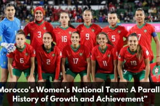 Morocco women's national football team players celebrating together on the pitch, representing the growth, achievements, and rising prominence of women's football in Morocco.