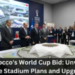 Modern football stadiums across Morocco undergoing development and renovation for future FIFA World Cup hosting duties, featuring advanced designs, expanded seating, and world-class infrastructure.