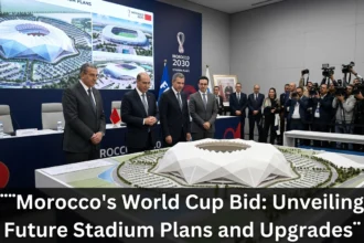 Modern football stadiums across Morocco undergoing development and renovation for future FIFA World Cup hosting duties, featuring advanced designs, expanded seating, and world-class infrastructure.