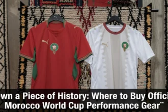 Official Morocco national team jerseys, scarves, caps, and training apparel displayed for fans looking to own authentic Atlas Lions World Cup memorabilia.