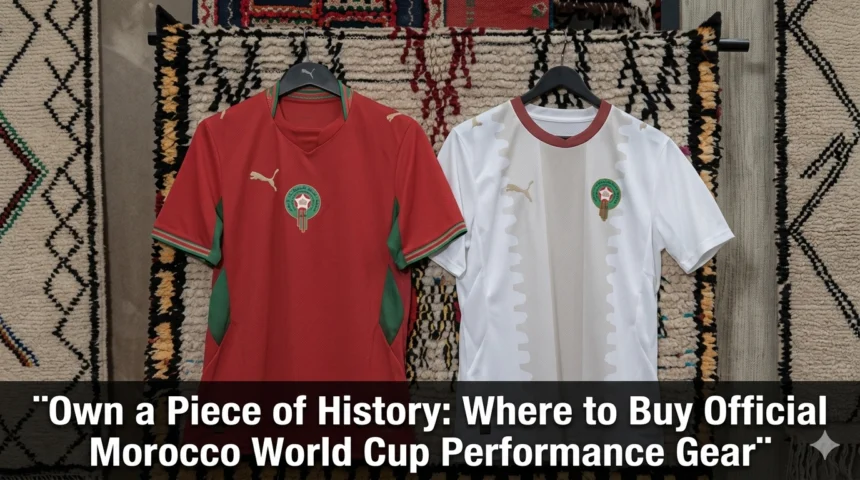 Official Morocco national team jerseys, scarves, caps, and training apparel displayed for fans looking to own authentic Atlas Lions World Cup memorabilia.