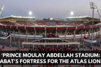 Prince Moulay Abdellah Stadium in Rabat hosting a Morocco national team match, with thousands of Atlas Lions supporters filling the stands and creating a vibrant atmosphere.