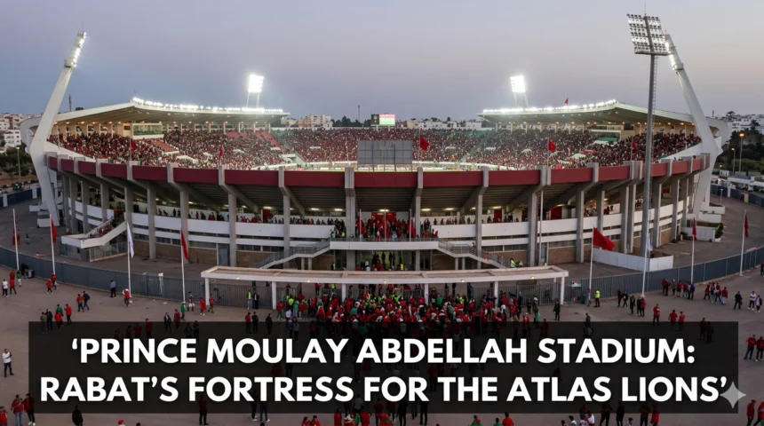 Prince Moulay Abdellah Stadium in Rabat hosting a Morocco national team match, with thousands of Atlas Lions supporters filling the stands and creating a vibrant atmosphere.