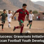 Young Moroccan footballers participating in a grassroots training program on a community pitch, guided by coaches and developing their skills in a supportive environment.