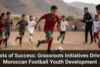 Young Moroccan footballers participating in a grassroots training program on a community pitch, guided by coaches and developing their skills in a supportive environment.