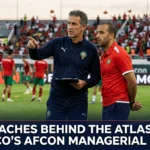 Morocco national team coaches directing the Atlas Lions during Africa Cup of Nations tournaments, representing the leadership and tactical evolution of Moroccan football across generations.