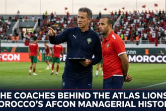 Morocco national team coaches directing the Atlas Lions during Africa Cup of Nations tournaments, representing the leadership and tactical evolution of Moroccan football across generations.