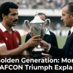 Morocco's 1976 Africa Cup of Nations-winning team celebrating a historic achievement, representing the Golden Generation that delivered the Atlas Lions' first continental title.