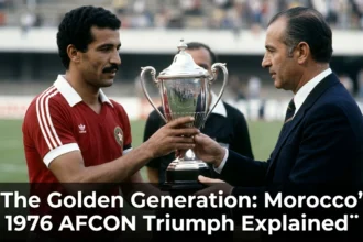 Morocco's 1976 Africa Cup of Nations-winning team celebrating a historic achievement, representing the Golden Generation that delivered the Atlas Lions' first continental title.