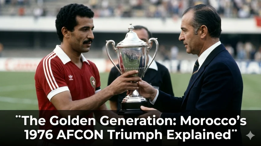Morocco's 1976 Africa Cup of Nations-winning team celebrating a historic achievement, representing the Golden Generation that delivered the Atlas Lions' first continental title.