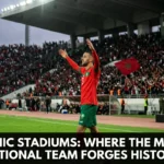 Collection of Morocco’s most iconic football stadiums, including venues in Casablanca, Rabat, Marrakech, Agadir, and Tangier, where the Atlas Lions have created historic football moments.