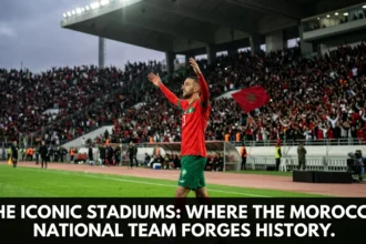 Collection of Morocco’s most iconic football stadiums, including venues in Casablanca, Rabat, Marrakech, Agadir, and Tangier, where the Atlas Lions have created historic football moments.