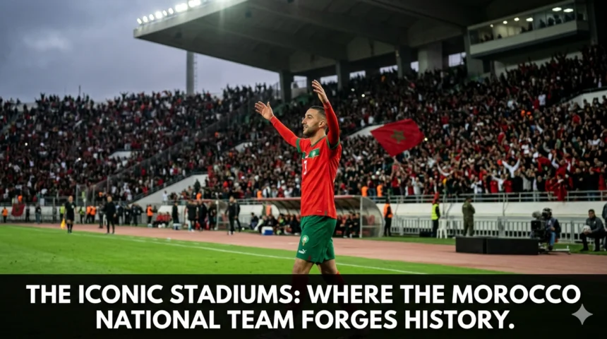 Collection of Morocco’s most iconic football stadiums, including venues in Casablanca, Rabat, Marrakech, Agadir, and Tangier, where the Atlas Lions have created historic football moments.