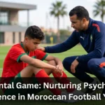 Young Moroccan football players working with a sports psychologist and coach during a training session, building confidence, focus, resilience, and mental strength for competitive football.
