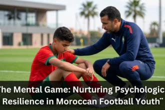 Young Moroccan football players working with a sports psychologist and coach during a training session, building confidence, focus, resilience, and mental strength for competitive football.