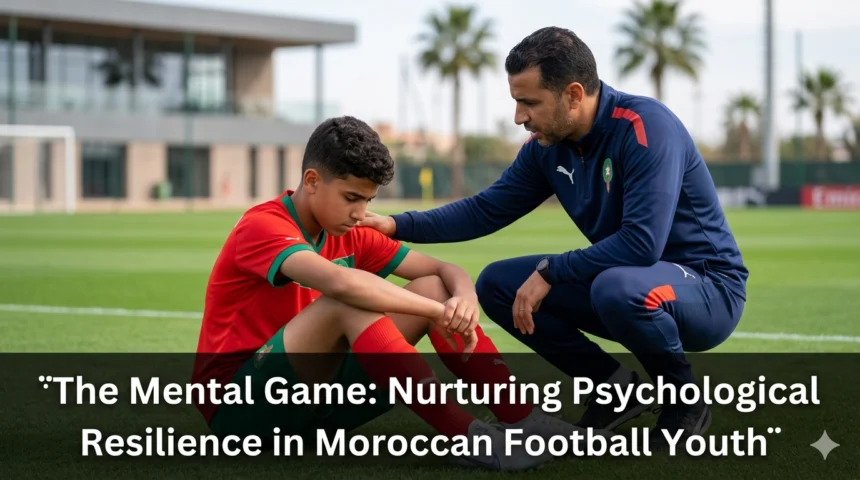Young Moroccan football players working with a sports psychologist and coach during a training session, building confidence, focus, resilience, and mental strength for competitive football.