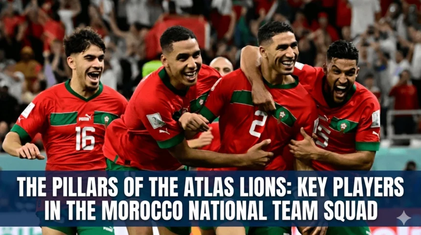Key Morocco national team players standing together before a match, representing the leadership, talent, and experience that form the foundation of the Atlas Lions.