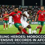 Morocco national team defenders and goalkeeper celebrating a clean sheet during an Africa Cup of Nations match, highlighting the defensive strength behind the Atlas Lions' success.