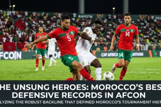 Morocco national team defenders and goalkeeper celebrating a clean sheet during an Africa Cup of Nations match, highlighting the defensive strength behind the Atlas Lions' success.