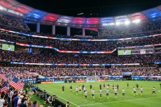 USA and Paraguay players competing during the FIFA World Cup 2026 opening match in Los Angeles as the United States begins its home World Cup campaign.