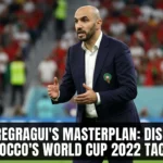 Morocco head coach Walid Regragui directing players from the touchline during the 2022 FIFA World Cup, implementing the tactical system that guided the Atlas Lions to a historic tournament run.