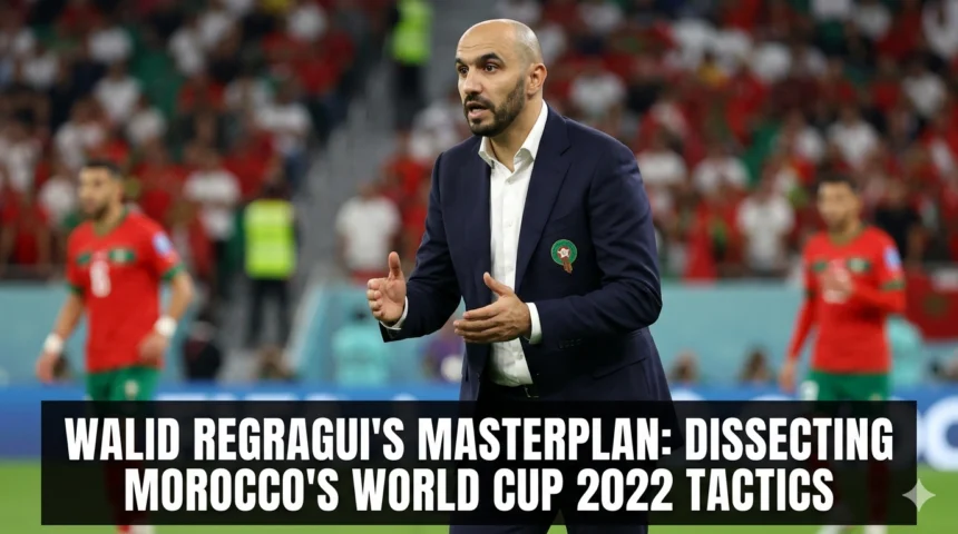 Morocco head coach Walid Regragui directing players from the touchline during the 2022 FIFA World Cup, implementing the tactical system that guided the Atlas Lions to a historic tournament run.