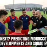 Morocco national team players and coaching staff discussing tactics during training, representing the future evolution of the Atlas Lions' playing style and squad development.