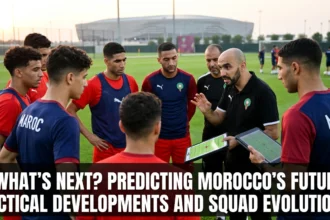 Morocco national team players and coaching staff discussing tactics during training, representing the future evolution of the Atlas Lions' playing style and squad development.