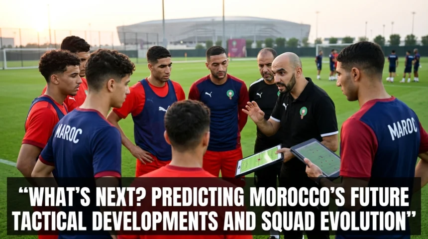 Morocco national team players and coaching staff discussing tactics during training, representing the future evolution of the Atlas Lions' playing style and squad development.
