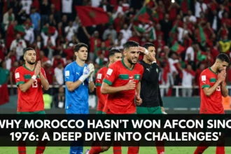 Morocco national team players competing in an Africa Cup of Nations match, symbolizing the challenges, near misses, and competitive obstacles faced since the 1976 AFCON triumph.