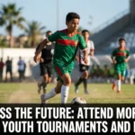 Young Moroccan football players competing in a youth tournament while scouts, coaches, and fans watch from the sidelines, highlighting the future stars of Moroccan football.
