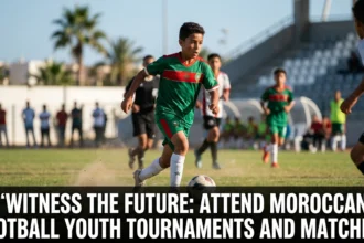 Young Moroccan football players competing in a youth tournament while scouts, coaches, and fans watch from the sidelines, highlighting the future stars of Moroccan football.
