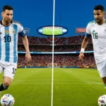 Lionel Messi and Riyad Mahrez match graphic for the Argentina vs Algeria World Cup 2026 Group J match in Kansas City.