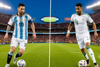 Lionel Messi and Riyad Mahrez match graphic for the Argentina vs Algeria World Cup 2026 Group J match in Kansas City.
