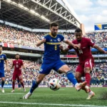 Bosnia-Herzegovina and Qatar players battle for the ball during their Group B match at Lumen Field in the 2026 FIFA World Cup.