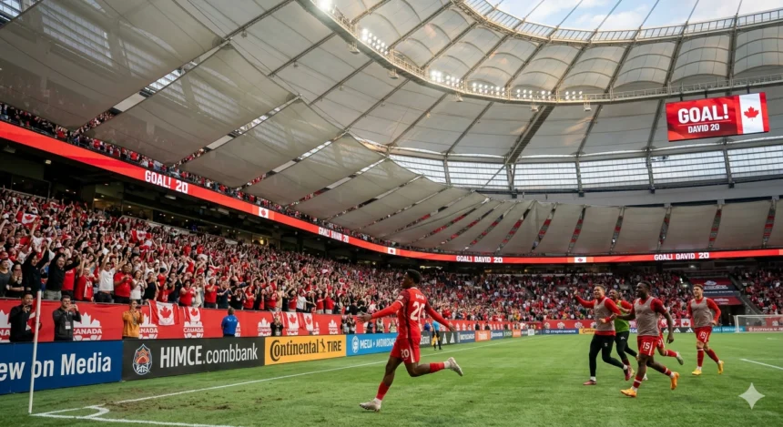 Jonathan David celebrates after scoring for Canada in the 6-0 win over Qatar at BC Place in Vancouver.